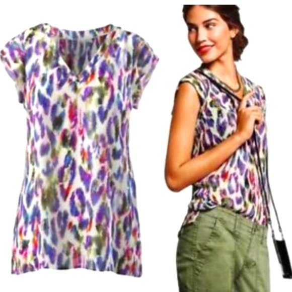 Cabi Feather Print V Neck Blouse Top with Cap Sleeve Sz S - Picture 3 of 15